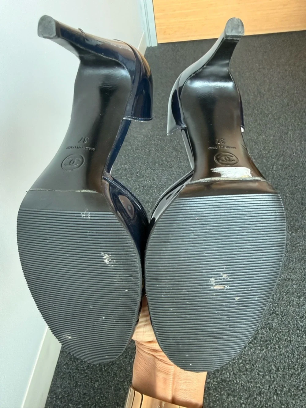 CHANEL Navy Patent Leather Strappy D'Orsay Heels